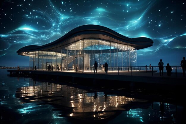 Ein digitales Gemälde eines futuristischen Gebäudes mit einem blauen Himmel und Menschen im Hintergrund.