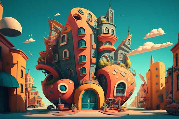 Ein digitales Gemälde eines Gebäudes mit vielen Gebäuden darauf