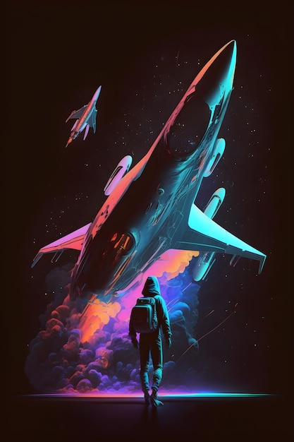 Ein digitales Gemälde eines Mannes, der einen Jet mit den Worten Space Shuttle darauf betrachtet.