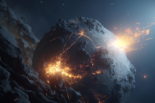 Ein digitales Gemälde eines Planeten mit einem brennenden Felsen und einem Feuerball mit den Worten Feuer darauf.
