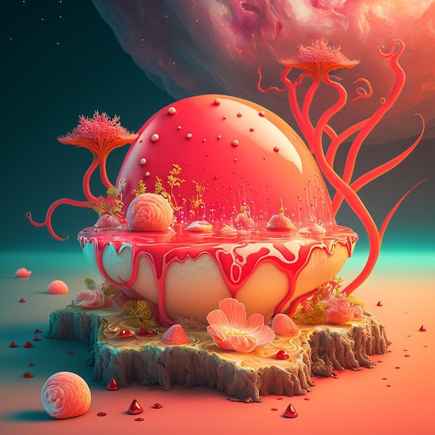 Ein digitales Gemälde eines riesigen Eies mit rosa und rotem Design.