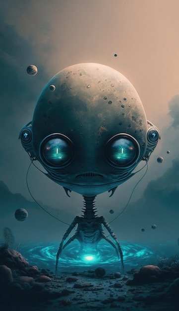 Ein digitales Gemälde eines Roboters mit blauem Gesicht und einem Planeten im Hintergrund.