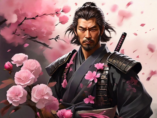 Ein digitales Gemälde eines Samurai mit rosa Blumen auf dem Hintergrund