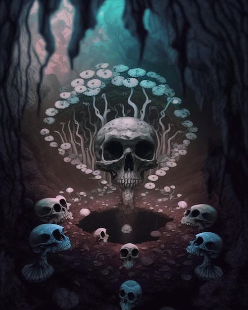 Ein digitales Gemälde eines Schädels, umgeben von Pilzen und Totenköpfen.