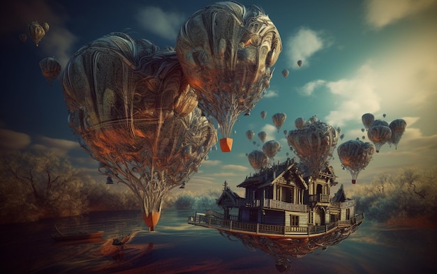 Ein digitales Gemälde eines schwimmenden Hauses mit Himmelshintergrund und darüber schwebenden Luftballons.