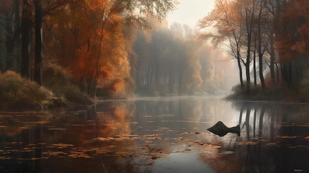 Ein digitales Gemälde eines Sees mit Bäumen und Blättern in Orange und Rot.