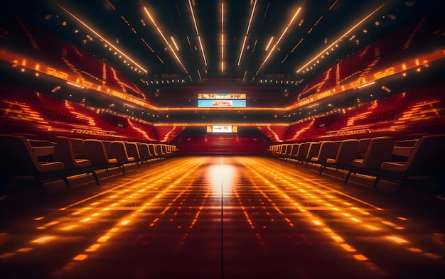 Ein digitales Gemälde eines Stadions mit Lichtern, die „die Zukunft der Arena“ verkünden.