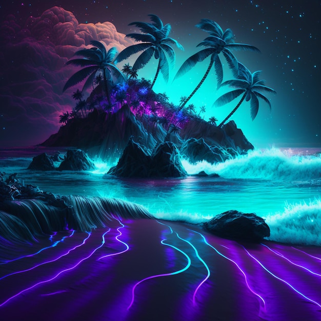 Foto ein digitales gemälde eines strandes mit palmen und einem himmel mit sternen.