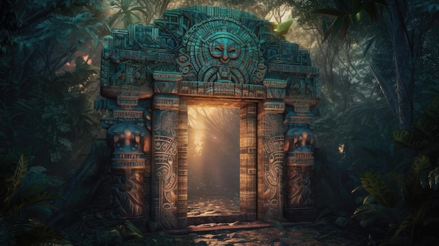 Ein digitales Gemälde eines Tempels im Dschungel