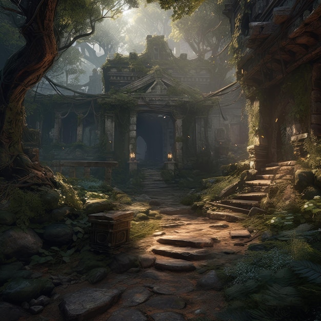 Ein digitales Gemälde eines Tempels im Wald