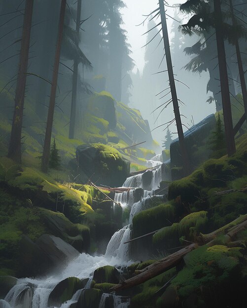 Ein digitales Gemälde eines Wasserfalls im Wald