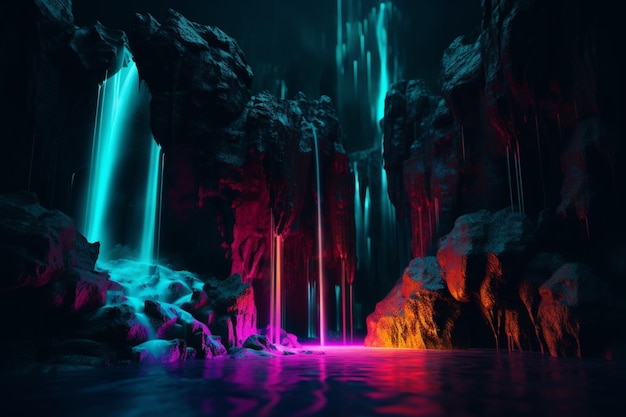 Ein digitales Gemälde eines Wasserfalls in Neonfarben