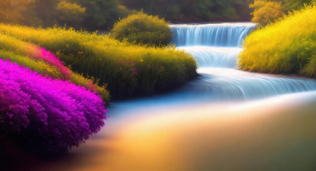 Ein digitales Gemälde eines Wasserfalls mit lila Blumen im Vordergrund