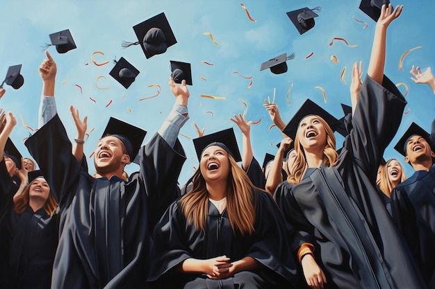 Ein digitales Gemälde von Absolventen, die ihren Abschluss feiern.