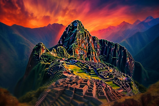 Ein digitales Gemälde von Machu Picchu mit dem Berg im Hintergrund.