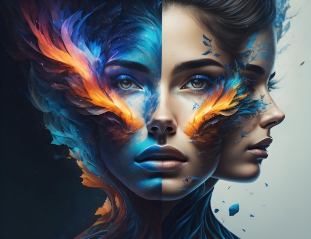 Ein digitales Gemälde von zwei Gesichtern mit einer blauen und orangefarbenen Feder auf der linken Seite.