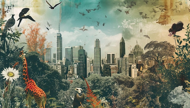 ein digitales Kunstwerk, das eine Collage-Technik verwendet, um städtische Elemente mit natürlichen Wildtieren zu verschmelzen