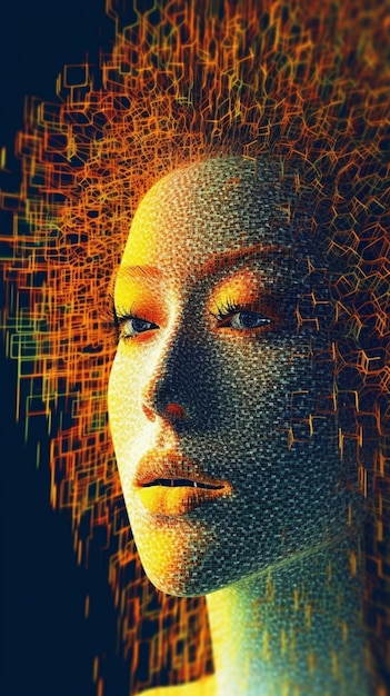 Ein digitales Porträt einer Frau mit gelben Haaren und orangefarbenen Punkten.