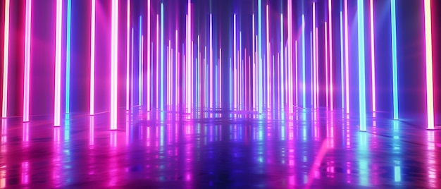 Ein digitales Rendering, ein ultraviolettes Spektrum, Neonlichter, eine Laser-Show, ein Nachtclub, vertikale leuchtende Linien, ein Equalizer, ein abstrakter fluoreszierender Hintergrund, eine optische Illusion, eine virtuelle Realität.