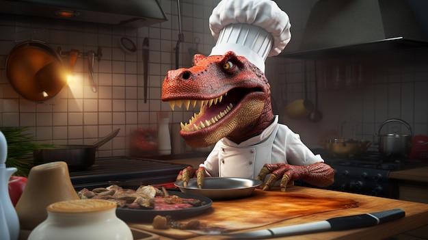 Ein Dino in einem Kochhut kocht auf einem Tisch