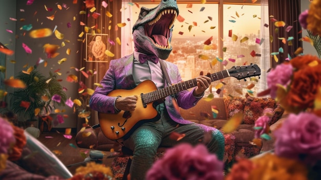 Ein Dinosaurier, der in einem Raum voller Blumen Gitarre spielt