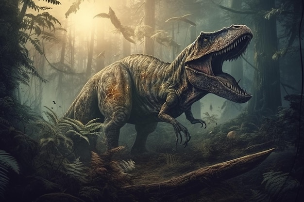 Ein Dinosaurier in einem Wald mit einem Hintergrund aus Bäumen und den Worten Tyrannosaurus.