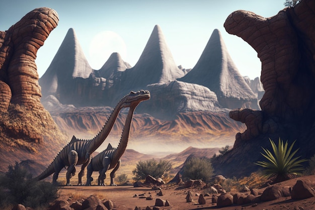 Ein Dinosaurier mit einem Berg im Hintergrund