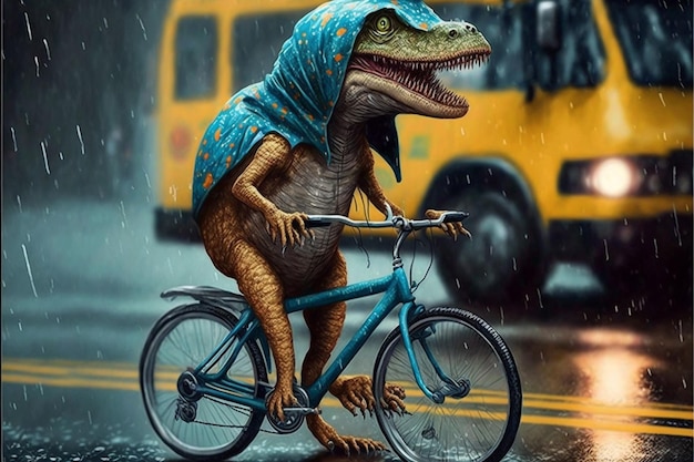 ein Dinosaurier mit einem Schal auf dem Kopf fährt im Regen Fahrrad.