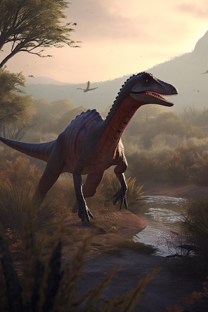 Ein Dinosaurier mit langem Hals steht auf einem Feld mit einem Bach im Hintergrund.
