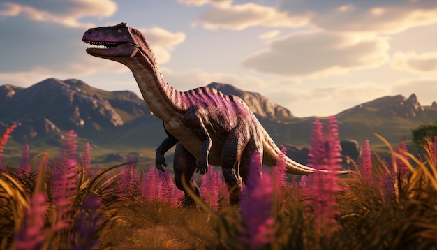 Ein Dinosaurier mit rosa Kopf läuft auf einem Grasfeld.