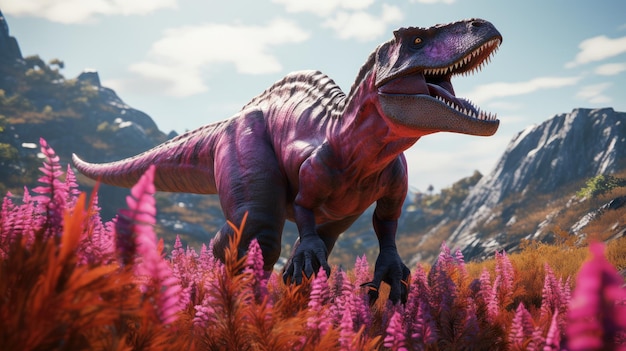 Ein Dinosaurier mit violettem Körper steht auf einem Grasfeld.