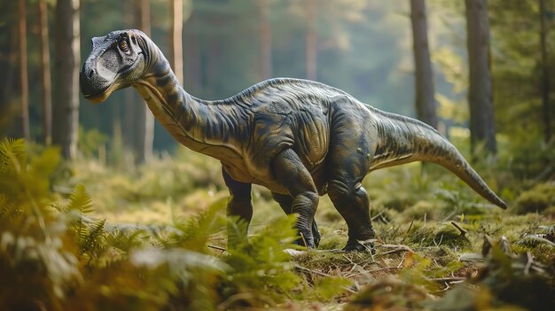Ein Dinosaurier steht in einem üppigen Wald. Der Dinosaurier ist grün und braun, hat einen langen Hals und einen großen Schwanz. Er schaut nach links im Bild.