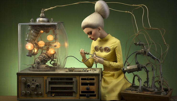 Foto ein diorama eines 3d-zellstrukturdiagramms und einer skelettdame, die eine vintage-elektronik aus der sowjetzeit betreibt