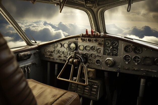 Ein direkter Blick auf das Cockpit des Flugzeugs, der die wesentlichen Komponenten und Instrumente zeigt. Vintage-Flugzeug mit offenem Cockpit und Propellern vor bewölktem Himmel. KI-generiert