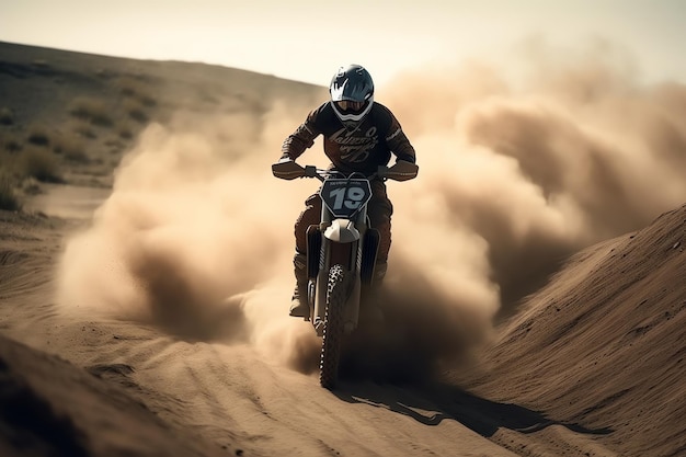 Ein Dirtbike-Fahrer mit der Nummer 19 auf seinem Helm fährt durch eine Sanddüne.