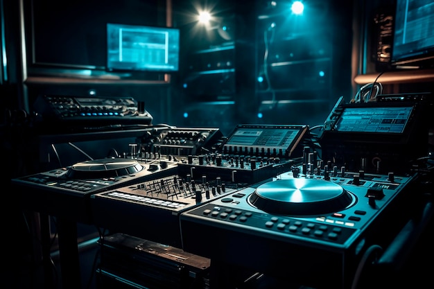 Ein DJ-Raum mit DJ-Equipment im Hintergrund.