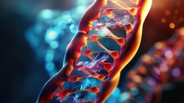 Ein DNA-Strang in Nahaufnahme im orange-violetten Licht.