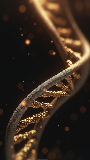 Ein DNA-Strang mit goldenen Punkten auf der Unterseite und schwarzem Hintergrund