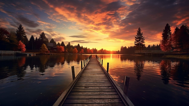 Ein Dock an einem See mit einem Sonnenuntergang im Hintergrund