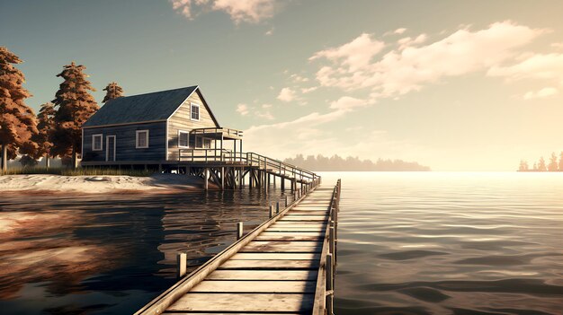 Ein Dock, das zu einem Haus am Wasser führt