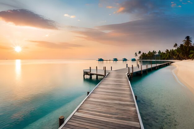 Ein Dock mit Blick auf das Meer und einem Sonnenuntergang im Hintergrund