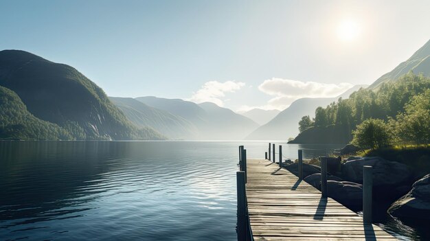 Foto ein dock mit blick auf den berg im hintergrund