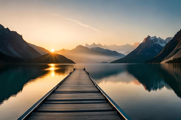 Ein Dock mit Blick auf eine Bergkette und einen See bei Sonnenuntergang.