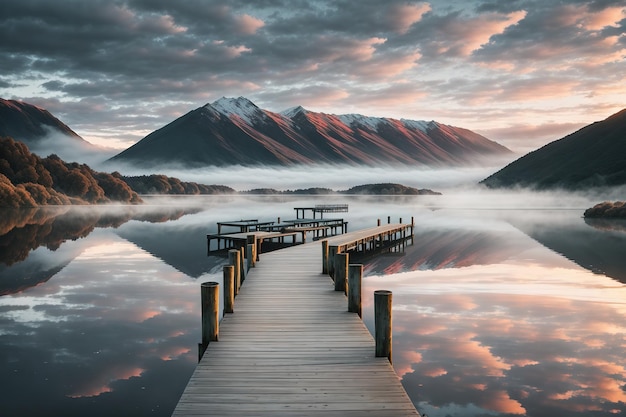 Ein Dock mit einem Berg im Hintergrund