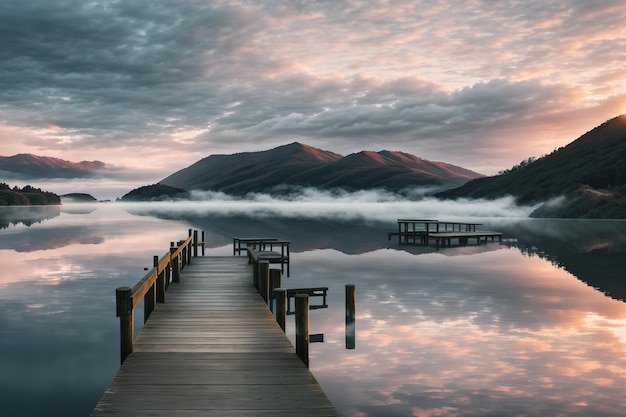 Ein Dock mit einem Berg im Hintergrund