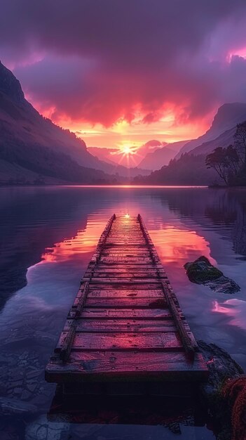ein Dock mit einem Sonnenuntergang am Horizont