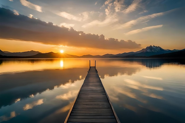 Ein Dock mit einem Sonnenuntergang auf dem Wasser und Bergen im Hintergrund.