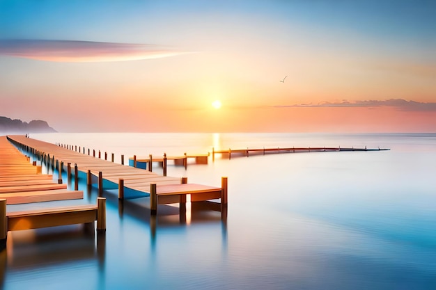 Ein Dock mit einem Sonnenuntergang im Hintergrund