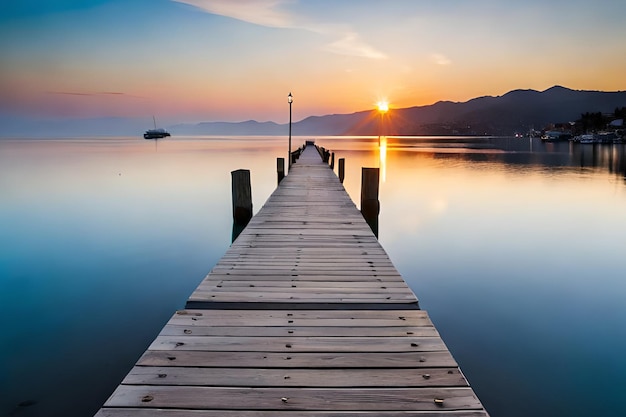 Ein Dock mit einem Sonnenuntergang im Hintergrund