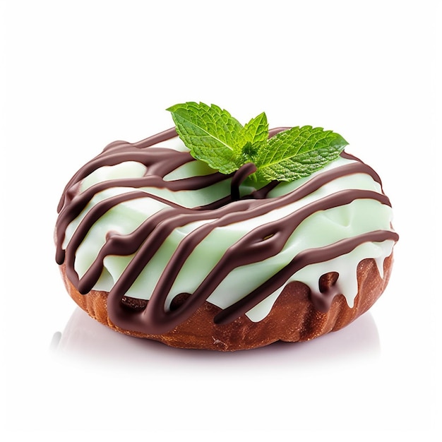 Ein Donut mit grünem und weißem Zuckerguss und einem Minzblatt oben drauf.